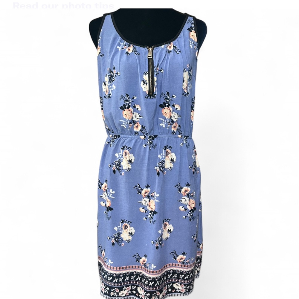 J FOR JUSTIFY Floral  Blue  Sleeveless Midi Dress With 3/4 Front Zipper Exellent